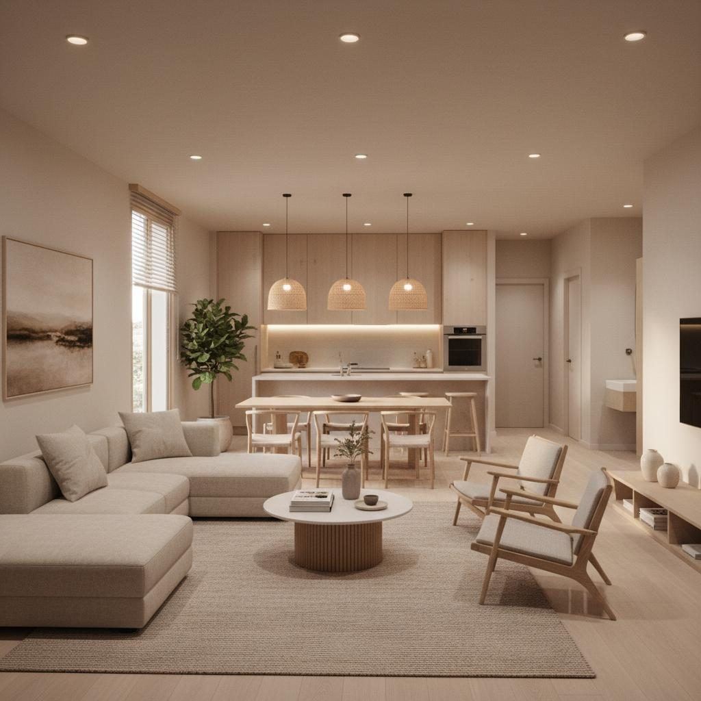 Open-plan living, dining and kitchen